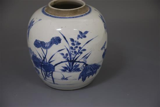 A Chinese blue and white ovoid jar, Kangxi period, H. 20.5cm, excluding wood stand and cover